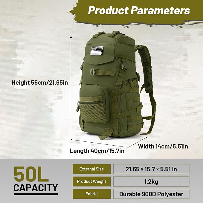 50L Tactical Backpack for Men and Women, Water-Resistant Molle Rucksack