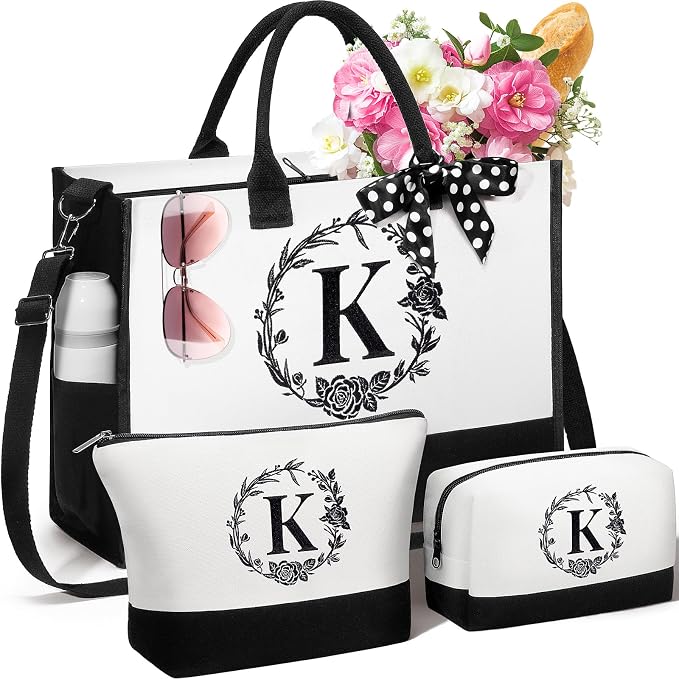 Personalized Christmas Gifts for Women, Initial Canvas Tote Bag & Makeup Bag