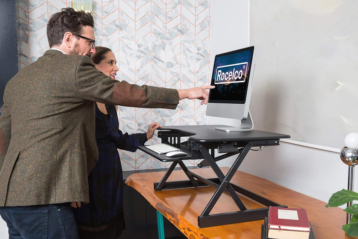 Rocelco 40" Large Height Adjustable Standing Desk Converter - Quick Sit Stand Up Dual Monitor Riser - Gas Spring Assist Computer Workstation - Retractable Keyboard Tray - Black (R DADRB-40)