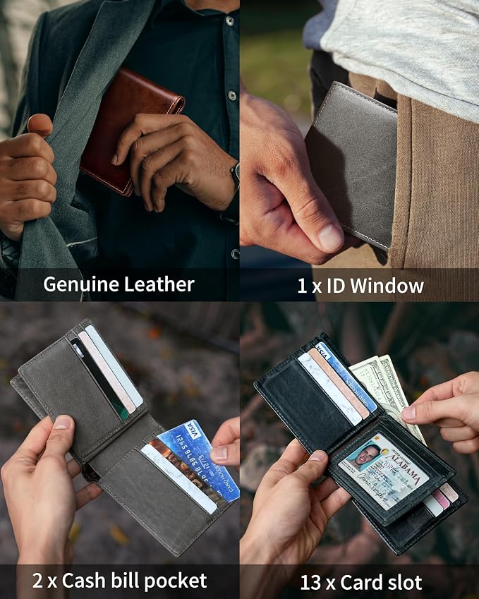 Mens Wallet Bifold Genuine Leather RFID Blocking Wallet