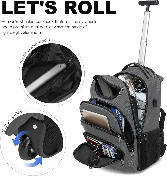 Boavan Rolling Backpack, 17 inch Water Resistant Wheeled Backpack, Carry on