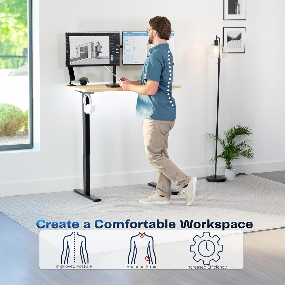 VIVO Electric 43 x 24 in Standing Desk, Memory Height Adjustment, 1B Series, One-Piece Light Wood Top, Black Frame, DESK-KIT-1B4C