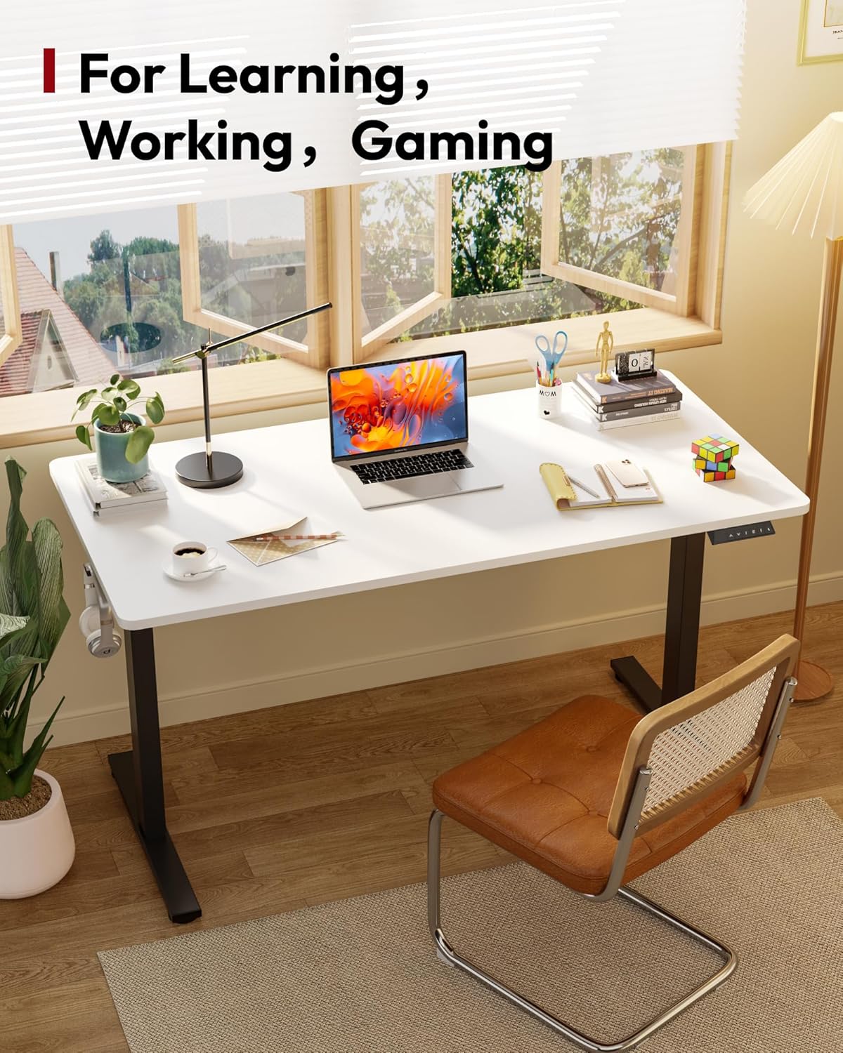SANODESK Electric Standing Desk 55 x 28 Inches Whole-Piece Desktop Height Adjustable Stand Up Desk w/6-Button Controller Ergonomic Computer Desk for Home Office, Black Frame + White Tabletop