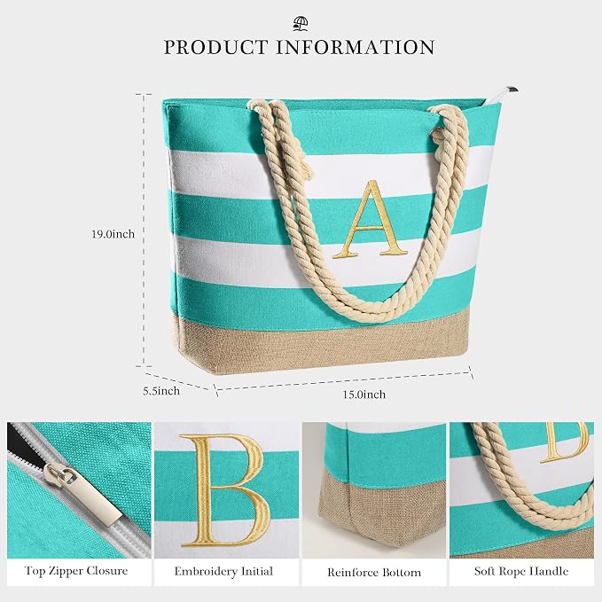 YOOLIFE Initial Canvas Waterproof Beach Tote Bag Zipper Personalized Gifts