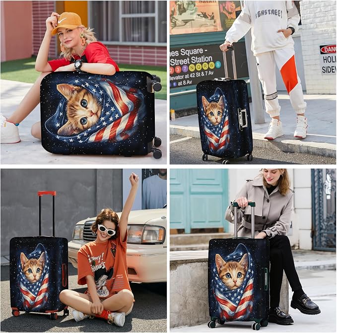 ANNA QUEEN Cute Patriotic Cat Luggage Cover, American Flag Suitcase Protector
