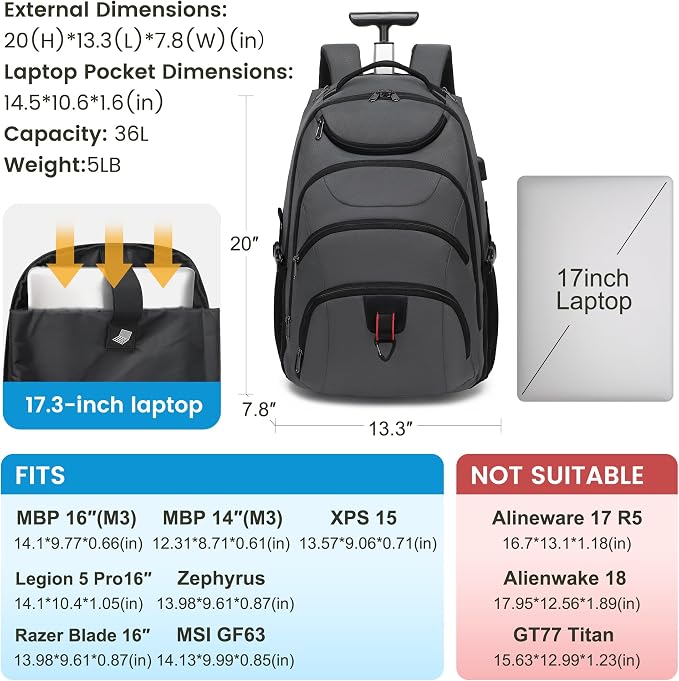 Boavan Rolling Backpack, 17 inch Water Resistant Wheeled Backpack, Carry on