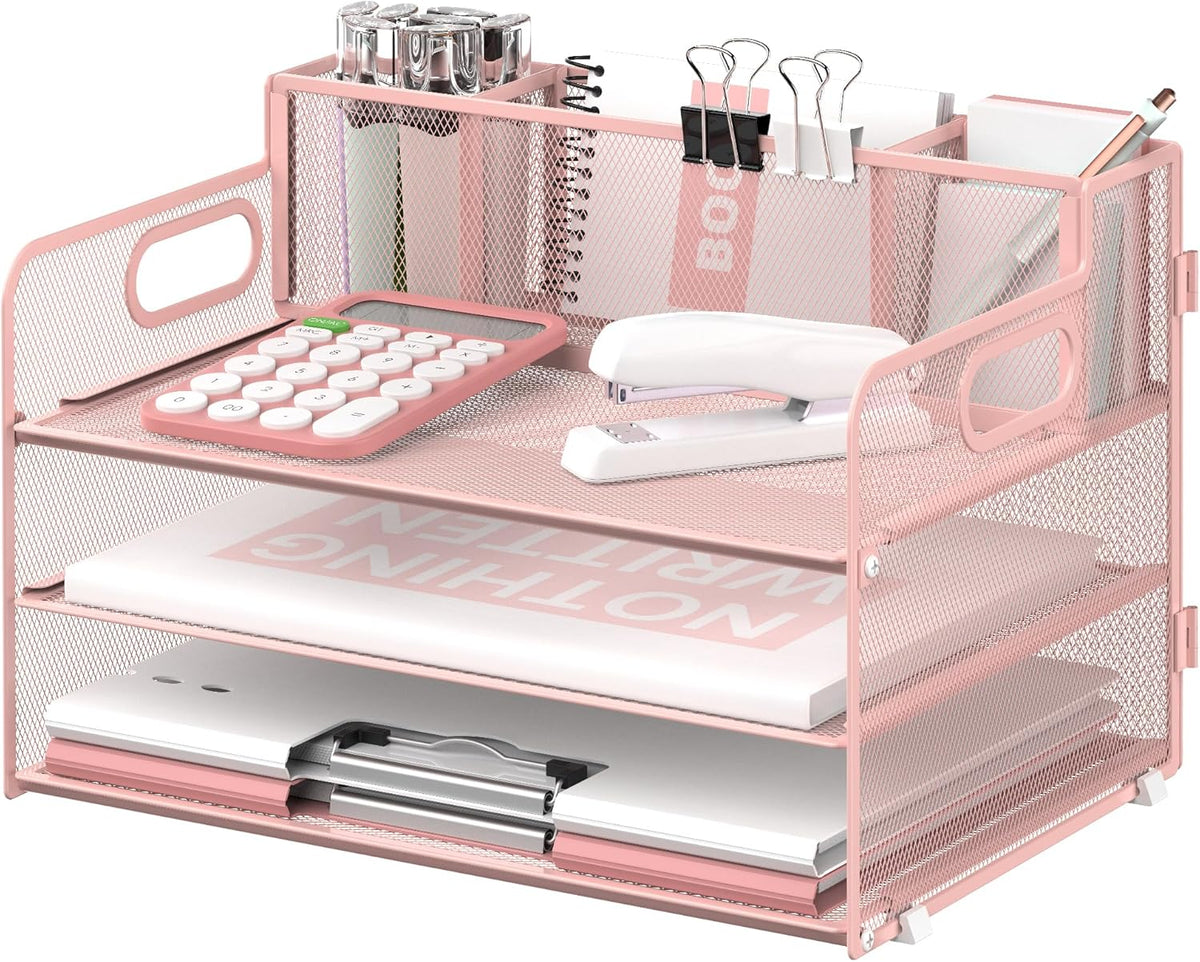 SUPEASY 3 Tier Desk Organizer with Handle & 3 Pen Holders, Mesh Paper/File Organizer for Desk, Paper Letter Tray Organizer for Office Supplies (Cute Pink)