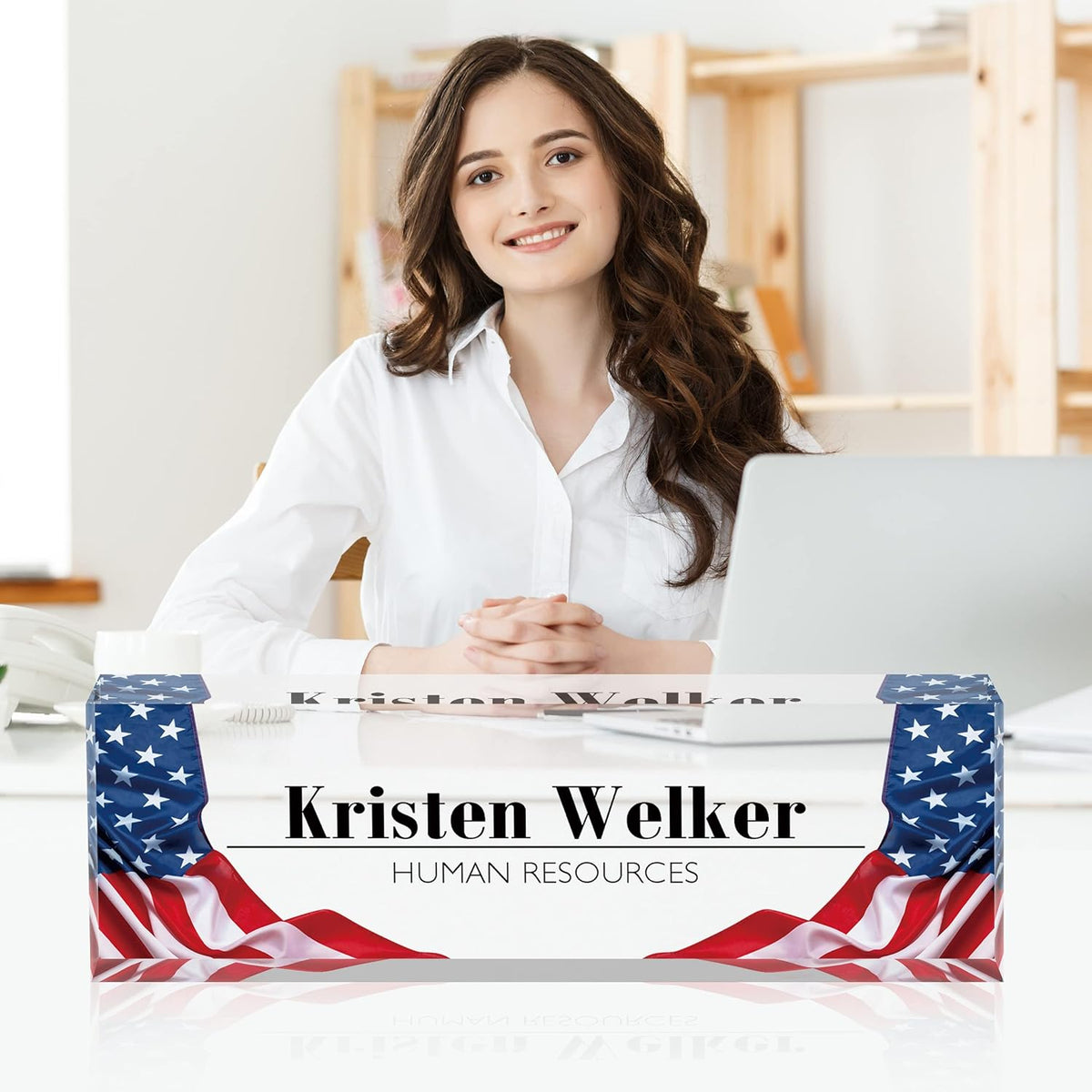 Name Plate for Desk, Desk Name Plate Personalized Office Desk Decor for Women Men, Acrylic Desk Accessories with US Flag, The Office Gifts Employee Appreciation Gifts for Boss, Manager, Teacher, Nurse