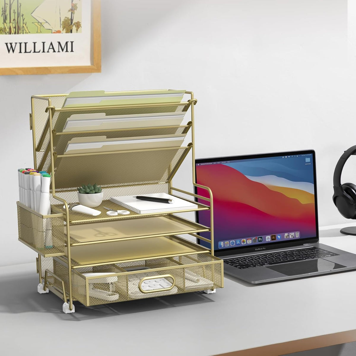 4-Tier Paper Organizer + 3-Pocket File Holder + Drawer + Pen Holders, Desktop File Organizers Paper Tray for Office Supplies School Classroom Organization (Gold, with Drawer & Pen Holder)