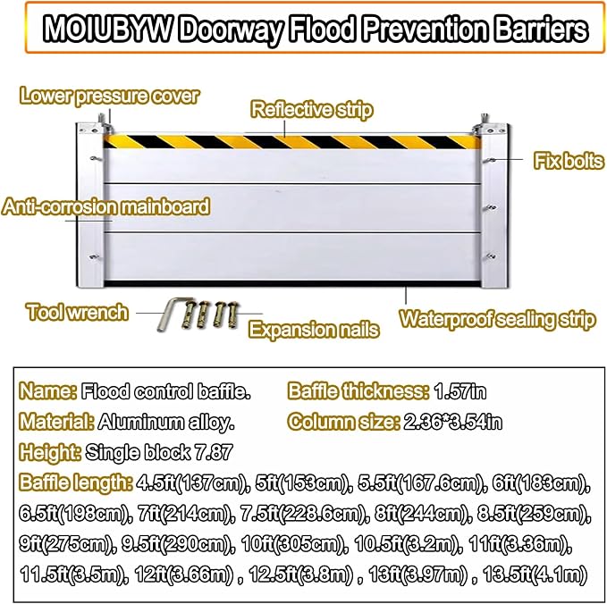 Reusable Flood Barrier, 3/4/5/6/7/8/9/10/11/12/13ft Long Heavy Duty Aluminum