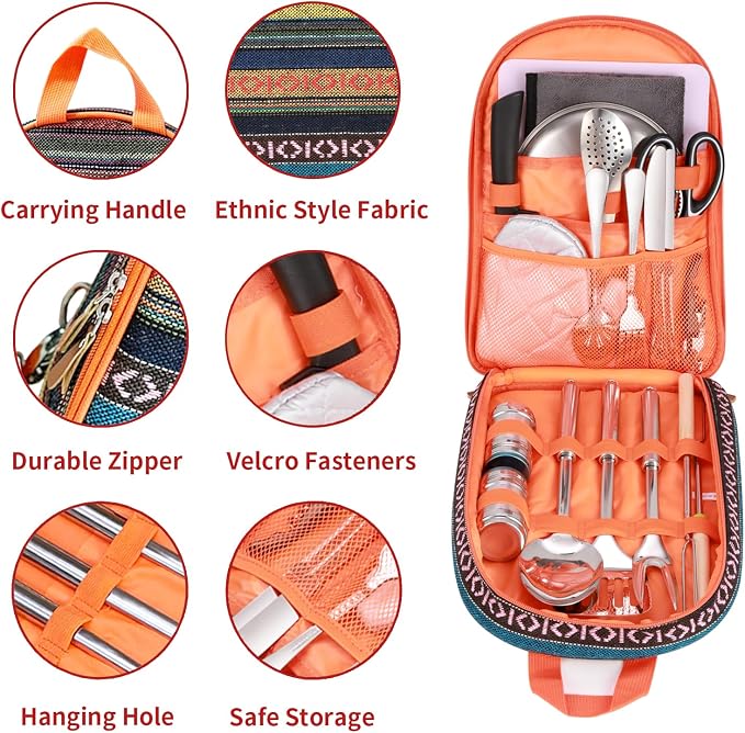 Portable Camping Kitchen Utensil Set-27 Piece Cookware Kit, Stainless Steel