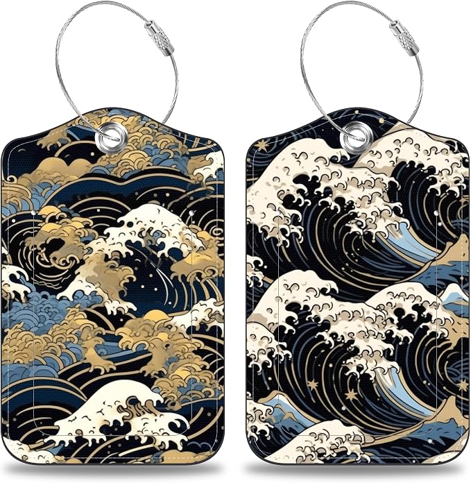 Japanese Art Blue and White Waves Set of 2 Luggage Tags