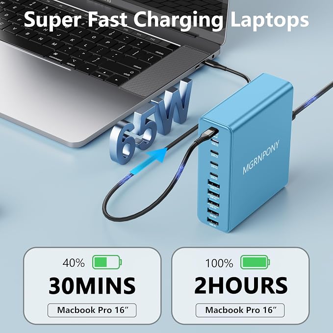 320W USB C Charger Block, 10-Port USB C Charging Station GaN III PD 65W PC