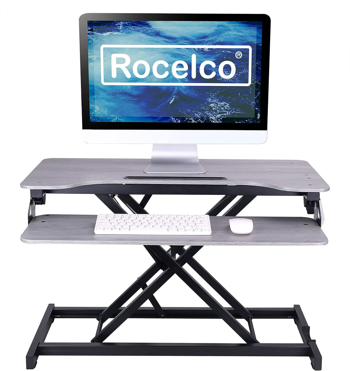 Rocelco Standing Desk Converter 31.5 Inch Sit Stand Up Dual Monitor Tabletop Riser with Tablet Mount, Height Adjustable Home Office Workstation - Deep Keyboard Tray for Laptop Mouse - Gray (R VADRG)
