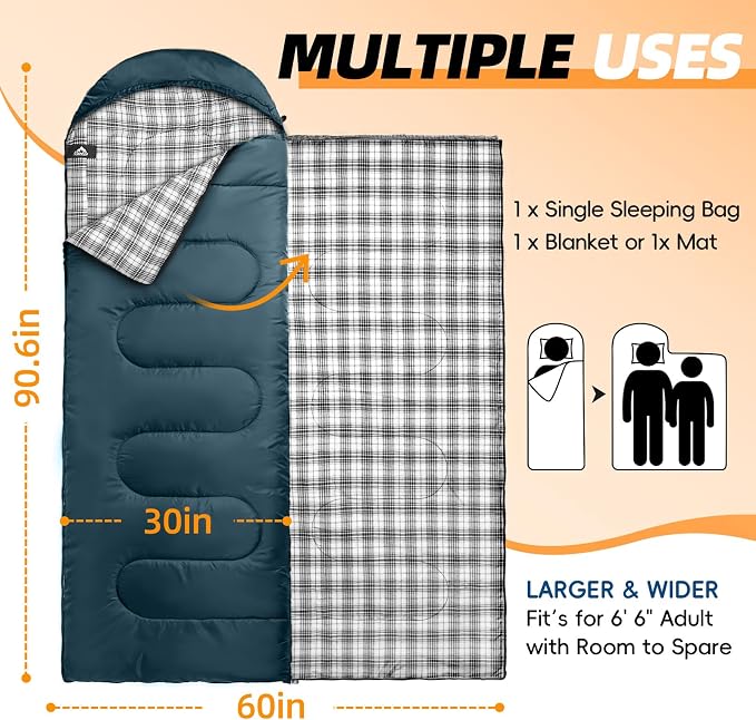 MEREZA Flannel Sleeping Bag for Adults XL, Large Wide Sleeping Bags for Camping