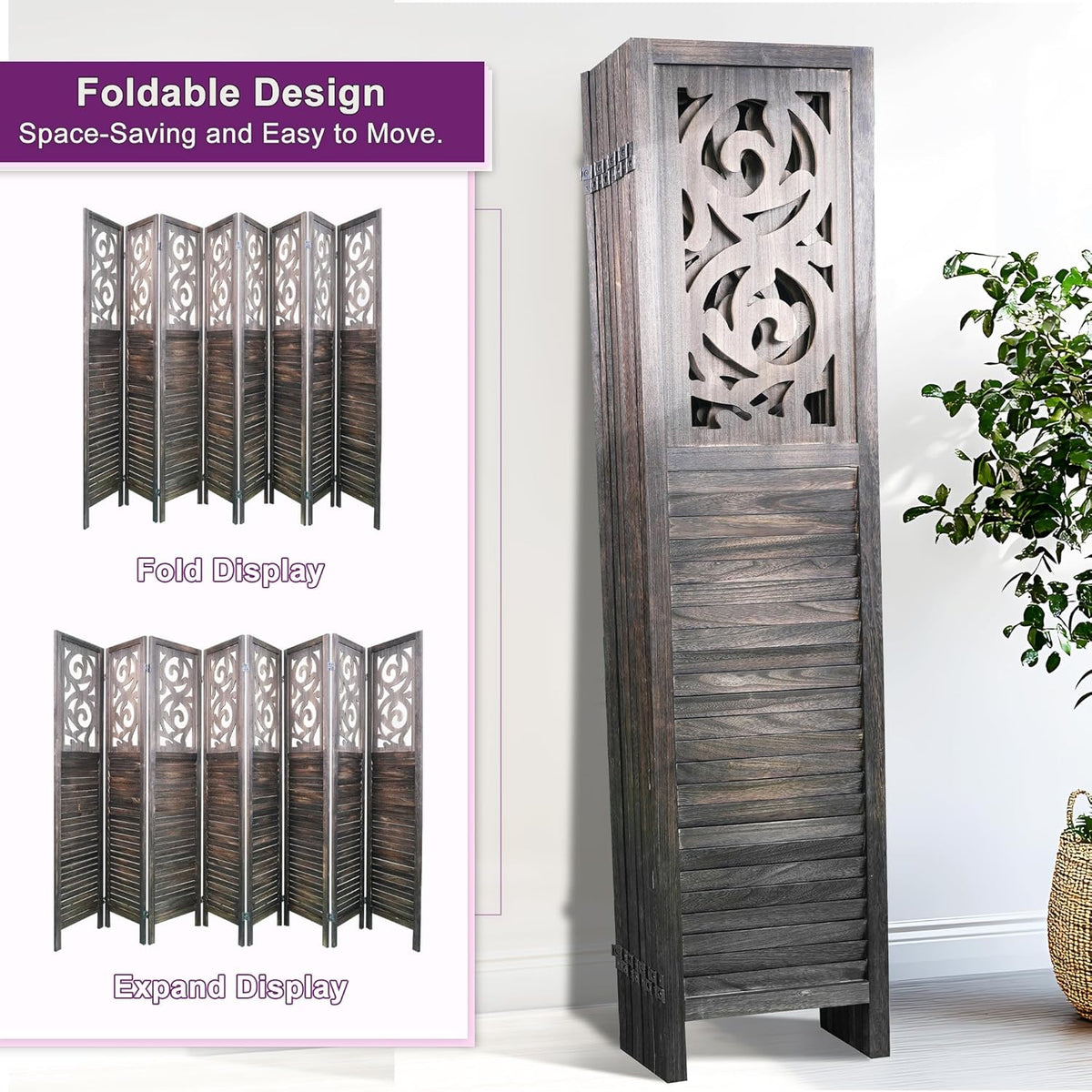 Room Divider, 5.6FT Folding Room Divider Panel, 8 Panel Craved Wood Partition Wall Divider for Room Separation, Rustic Brown