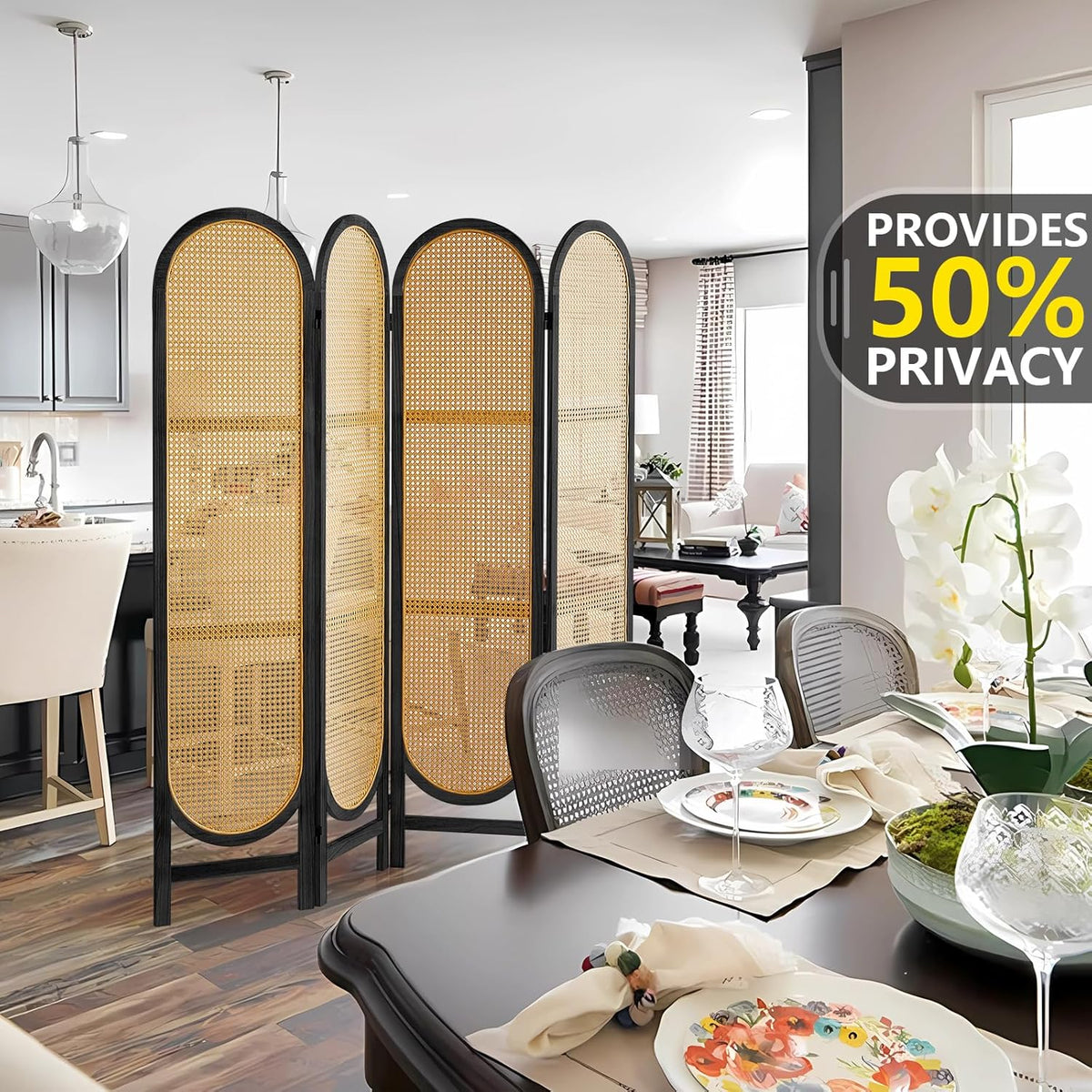 4 Panel Room Divider, Hand-Woven Rattan Room Divider Screen, Folding Privacy Screens with Double Hinges, Wooden Freestanding Wall Divider for Room Separation Bedroom Home Office - Black