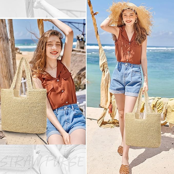 Straw Beach Bags for Women Woven Beach Tote Bag Casual Boho Large Shoulder