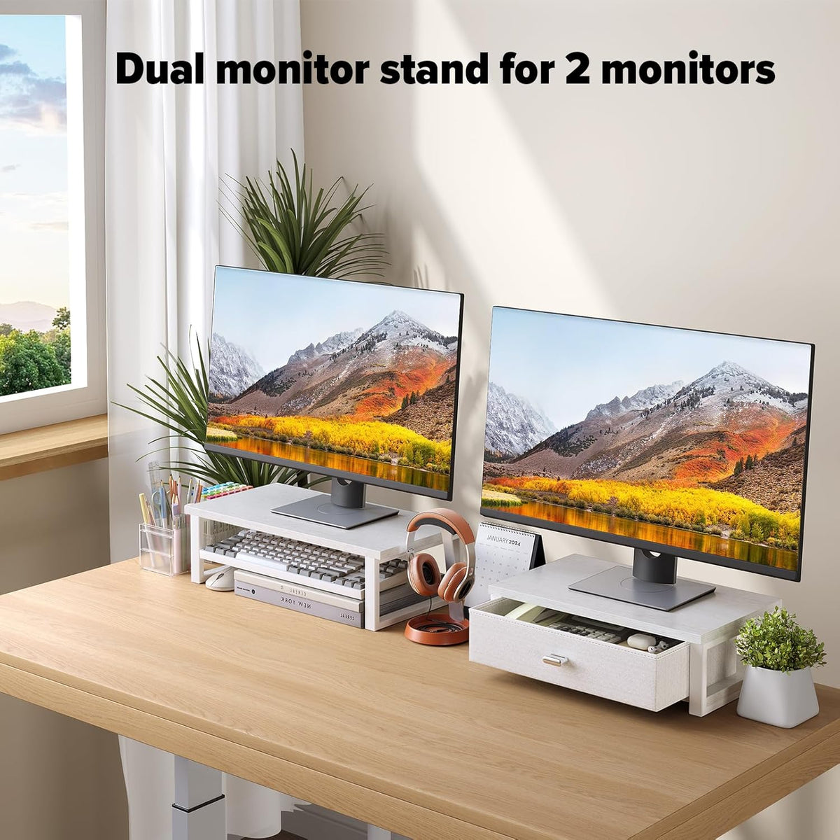WOHOMO Dual Monitor Stand Riser with Drawers, Desk Organizers for 2 Monitors, Desktop Storage Stand for Computer,Laptop,White