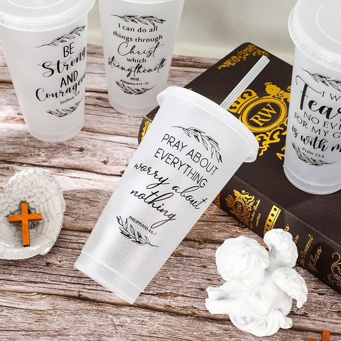 Havawish 24 Pcs Mothers Day Christian Tumbler Gift Bulk Religious Inspirational 24 oz Drinking Jesus Cup with Lid Straw Bible Verse Plastic Cup for Church Father Teacher First Communion (Clear)