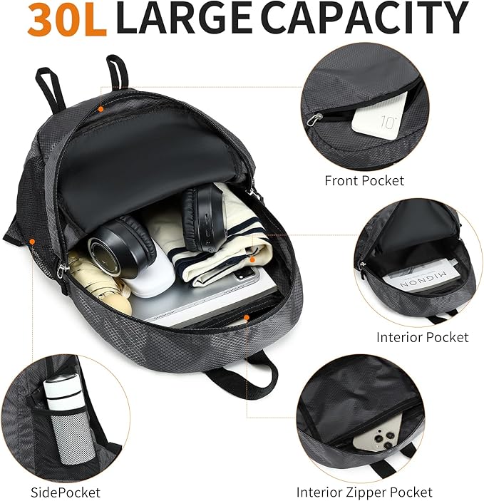 Hiking Daypack, 30L Waterproof Hiking Backpack Packable Lightweight Travel Day