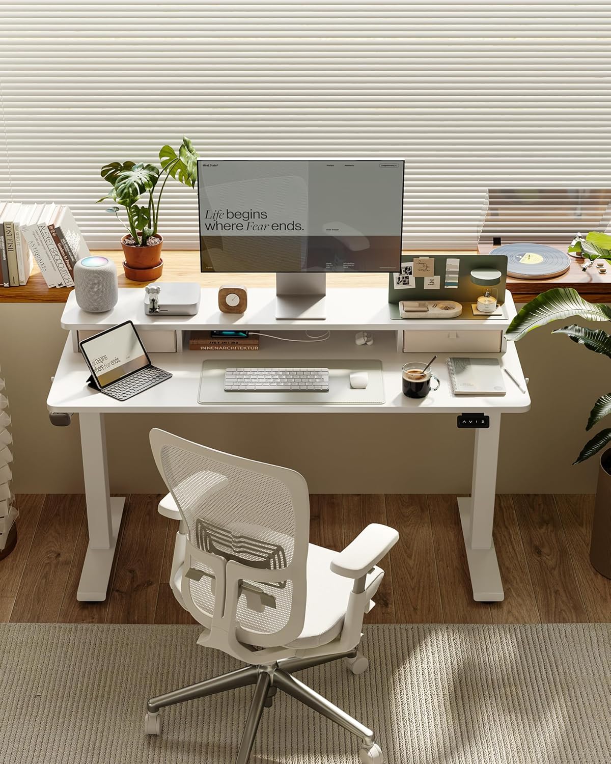 FEZIBO 60 x 24 Inch Height Adjustable Electric Standing Desk with Double Drawer, Sit Stand Desk, Home Office Stand Up Table with 4 Height-Adjustable Feets & 2 Hooks, White
