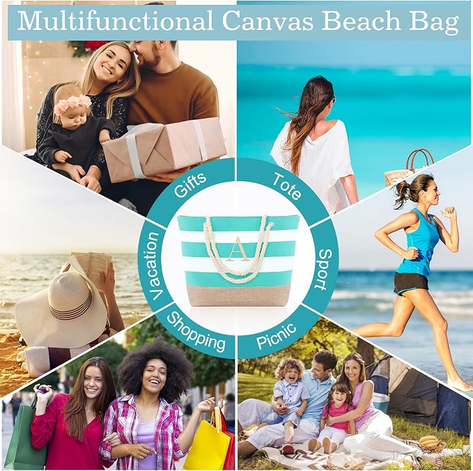 YOOLIFE Initial Canvas Waterproof Beach Tote Bag Zipper Personalized Gifts