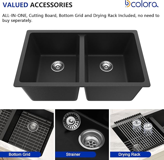 Dcolora 33 inch Quartz Matte Black Granite Composite Double Bowl Undermount