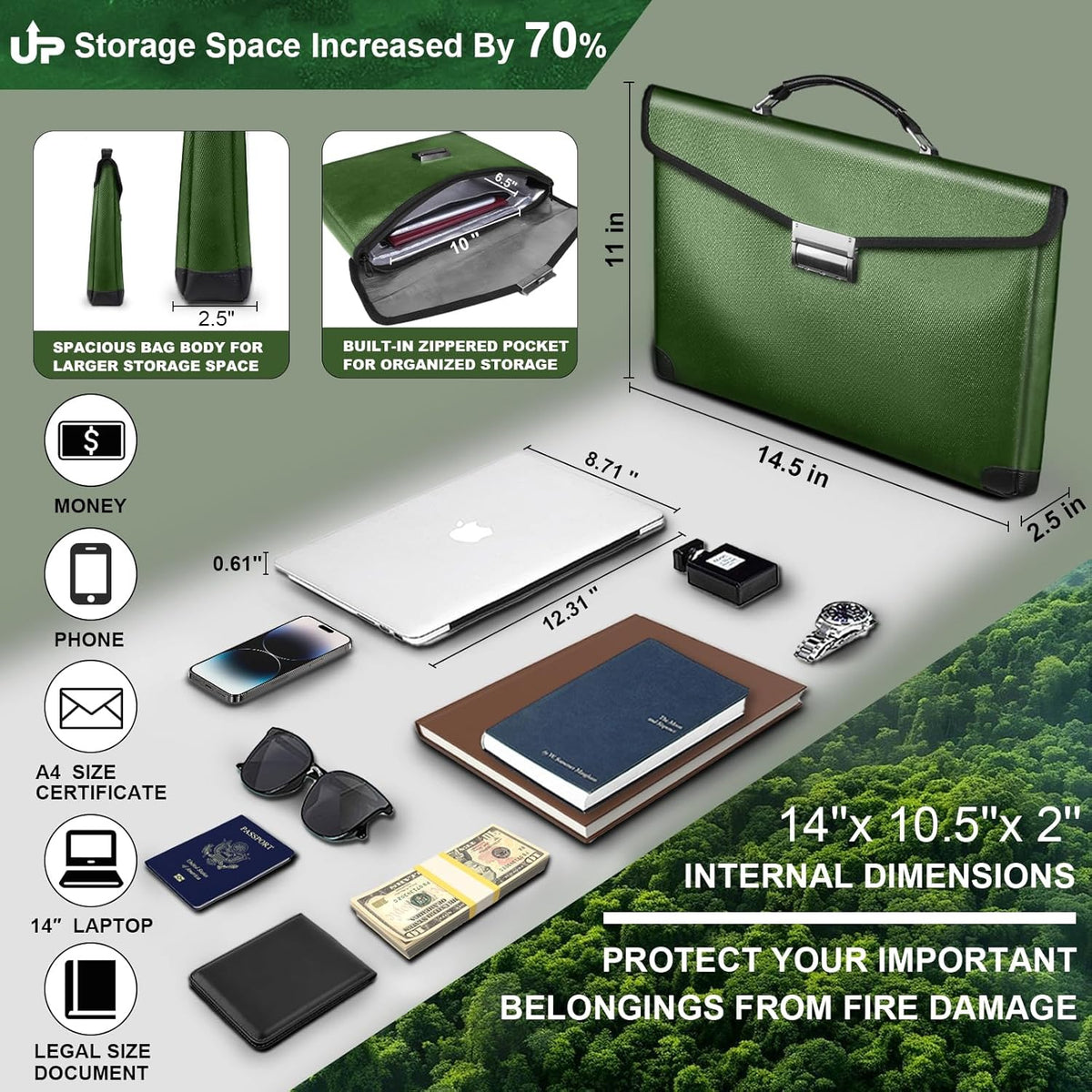 Fireproof Document Bag 14.5"X11"X2.5" Fireproof Money Bag for Cash With Lock and Zipper,Fire&Waterproof Storage Organizer Pouch for Valuables,Legal Document,Laptop,Passport,(Green)