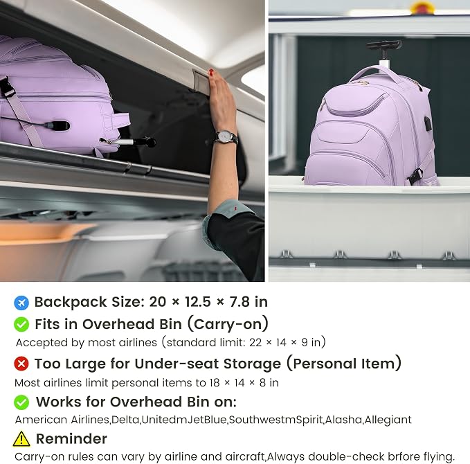 Boavan Rolling Backpack for Women, 17.3 Inch Wheeled Laptop Backpack, Large