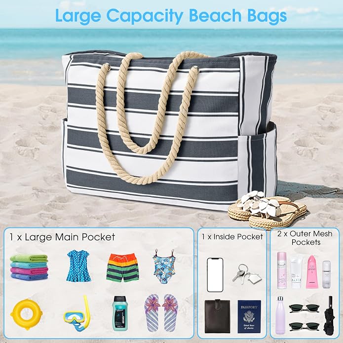 Becokan Beach Bags for Women Large Waterproof Beach Tote Bag Zipper Beach Bags