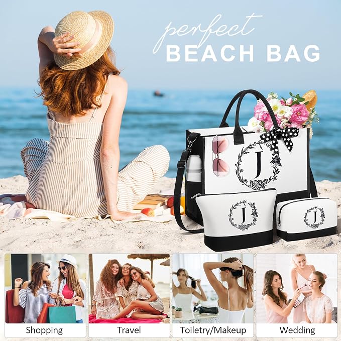 Personalized Christmas Gifts for Women, Initial Canvas Tote Bag & Makeup Bag