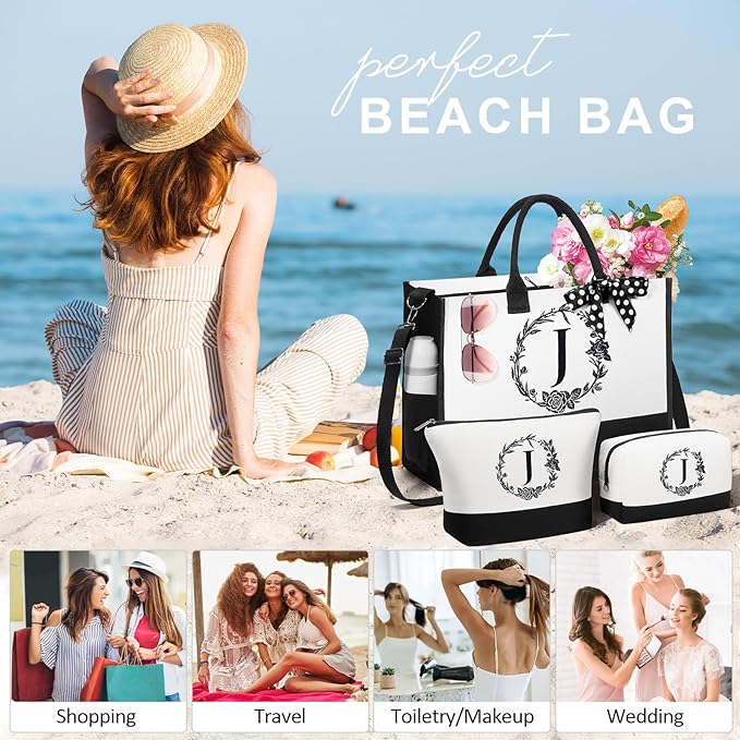 Personalized Christmas Gifts for Women, Initial Canvas Tote Bag & Makeup Bag