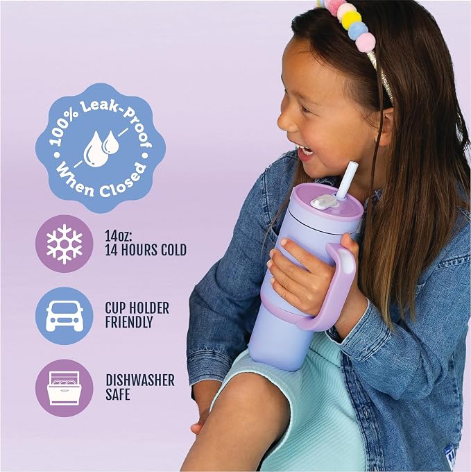 Ello Oasis 14oz Stainless Steel Toddler Tumbler with Handle & Retracting Straw, 100% Leakproof, Double-Wall Vacuum Insulated, Kids Water Bottle for School, BPA Free, Dishwasher Safe, Lavender Fields