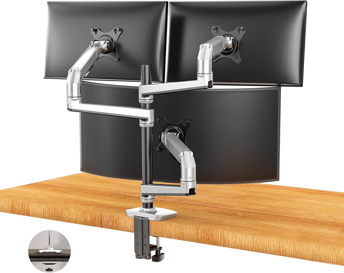 Triple Monitor Mount, Holds Screens up to 40 Inches and 25 lbs, Fully Adjustable 3 Monitor Desk Mount with C-Clamp and Grommet Base, Aluminum, Silver