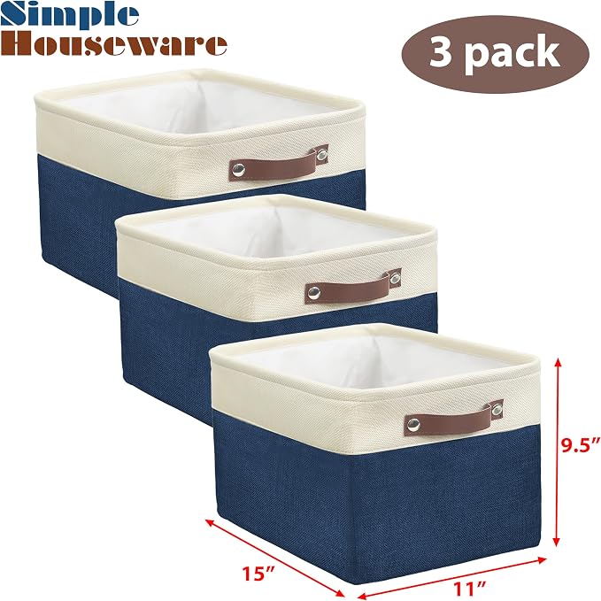 SIMPLE HOUSEWARE Large Fabric Storage Bin, 3 Pack, Steel Blue