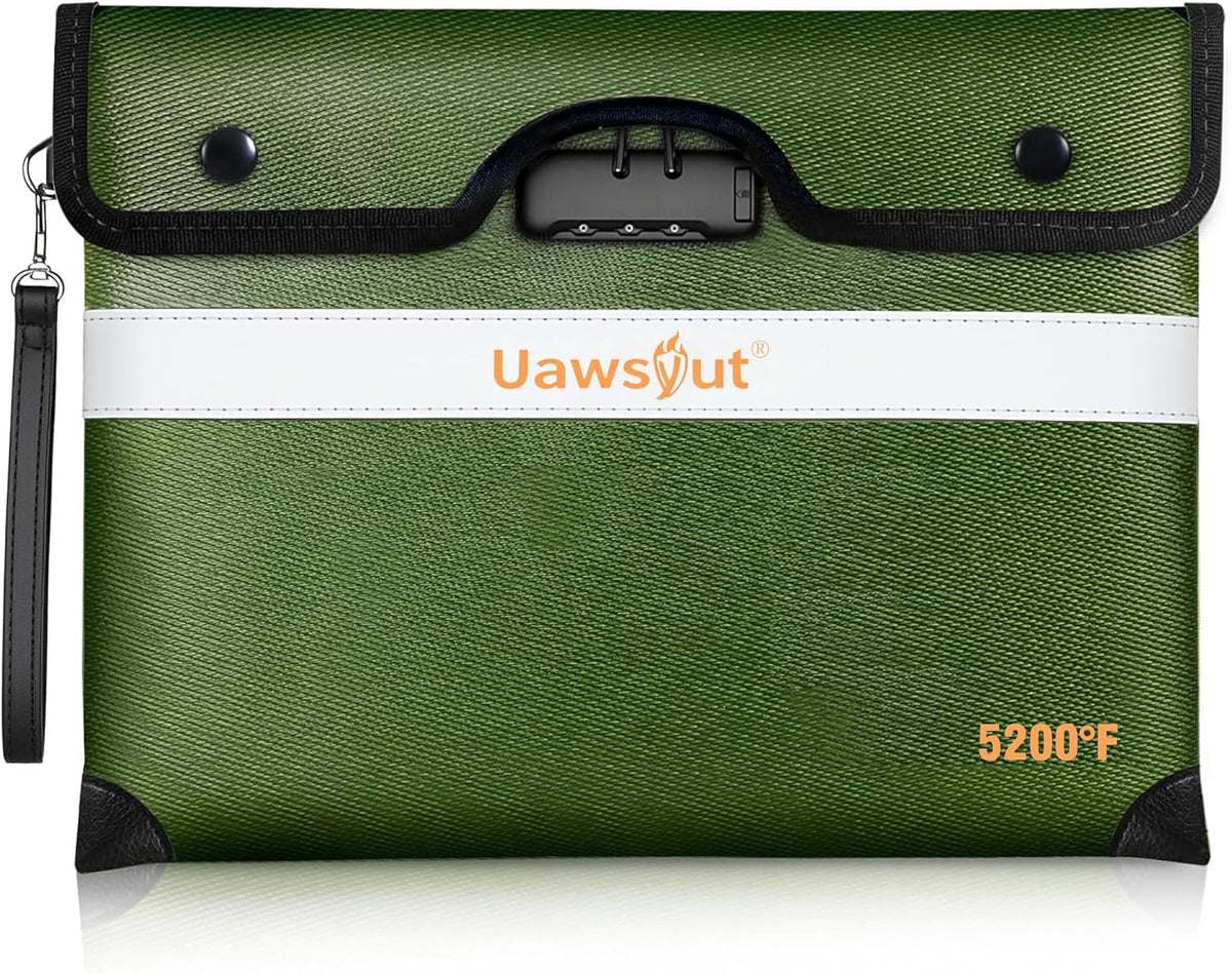5200℉ Fireproof Document Bag with Lock, Portable Money Bag with Zipper Closure, Waterproof Envelope with Reflective Strip for A4 Letter, Tablet, Valuables, Cash and Passport(14.3"x11.2", Green)