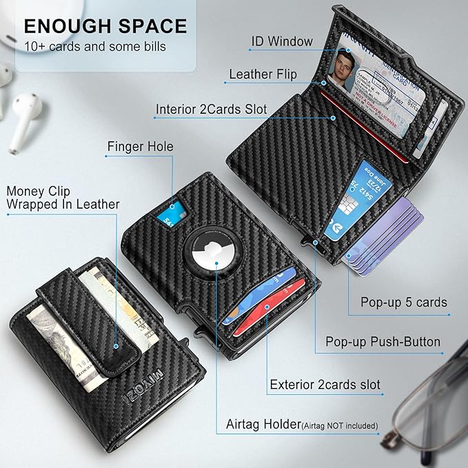 Airtag Wallet for Men, with Money Clip 10 Cards Metal Case Smart Slim Pop Up