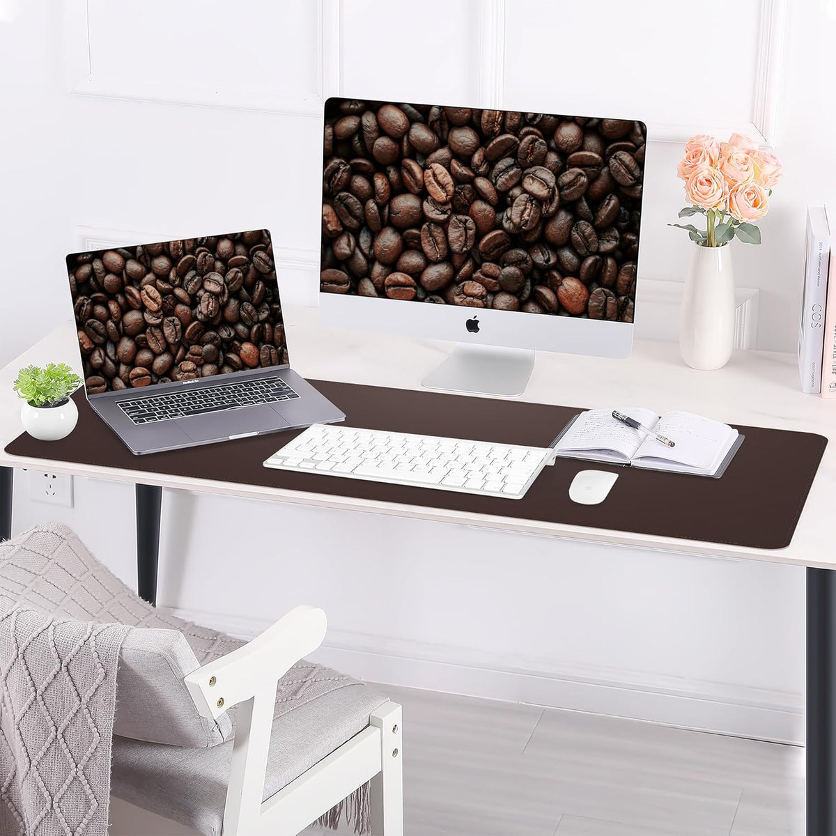 Leather Desk pad Protector, Large Desk mat with Natural Cork & PU Leather,Mouse pad,Non-Slip Office Desk Mat,Waterproof Desk Writing Pad for Office and Home (47in*17in,Coffee)