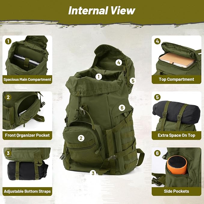 50L Tactical Backpack for Men and Women, Water-Resistant Molle Rucksack