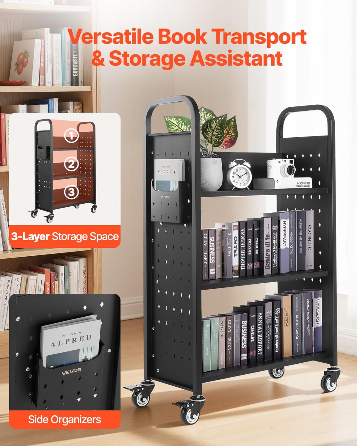 VEVOR Rolling Library Book Cart, 330 lbs Capacity, 30.3 x 15 x 48.0-Inch Library Cart, Single Sided L-Shaped Shelves with 3-Inch Lockable Wheels, Book Truck for Home Shelves Office and School, Black