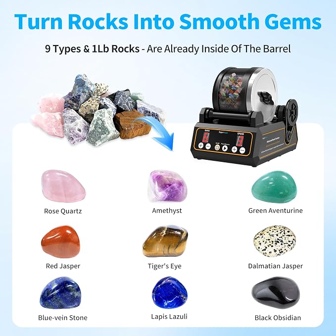 KomeStone Rock Tumbler Kit, K1 Professional Large 2.5LB Capacity Edition - Memory Function, Digital Timer & Variable Speeds: Includes All Accessories, Rock Polisher Gift for Adults & Kids