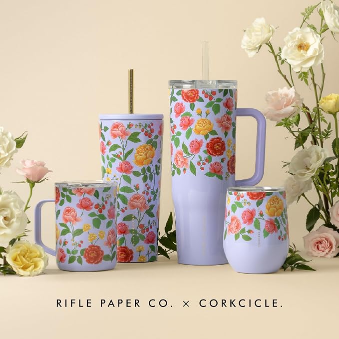 Corkcicle Stemless Insulated Wine Glass Tumbler - Keeps Beverages Cold 6 Hrs Hot 3 Hrs - Stainless Steel - Easy-Grip - Gift for Mom - Great for Mother's Day or Christmas - 12 oz - Roses Purple