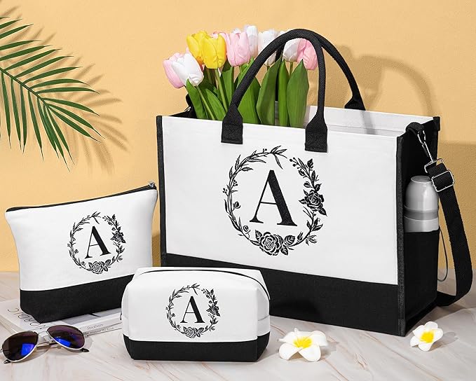 Personalized Christmas Gifts for Women, Initial Canvas Tote Bag & Makeup Bag