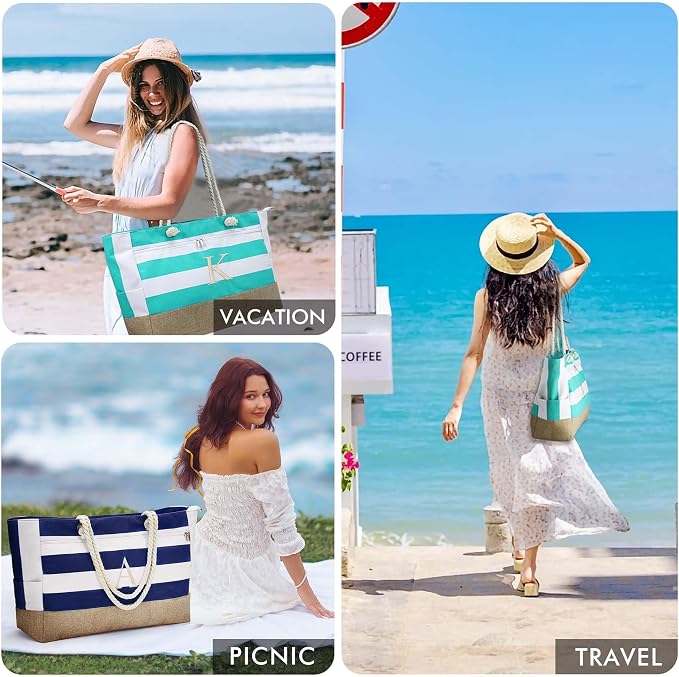 YOOLIFE Large Initial Beach Bag Waterproof Tote Zipper Bag Personalized Gifts