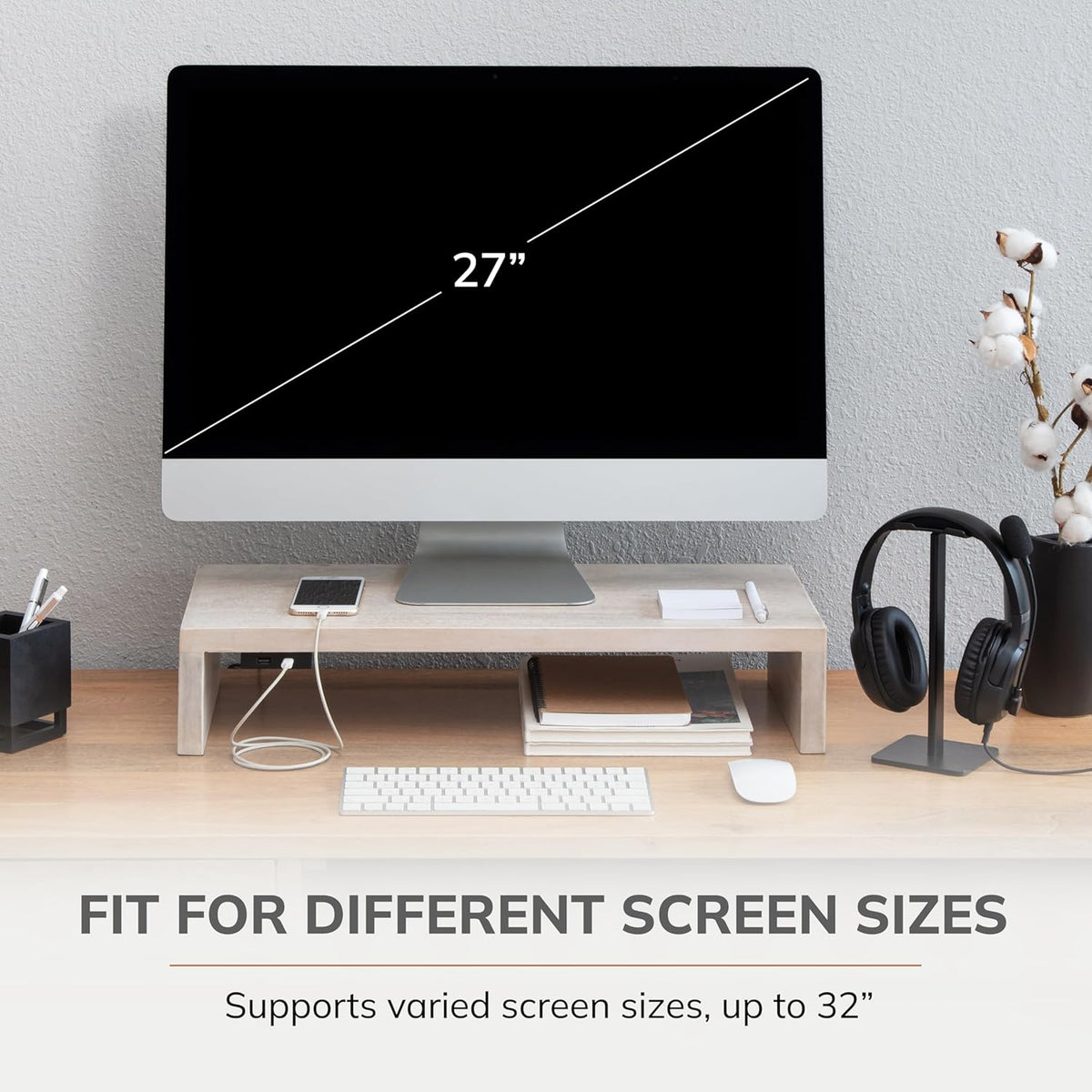 Anji Mountain Wooden Monitor Stand - Elegant Monitor Riser,Perfect Monitor Stand for Desk Organization, Durable Wood Construction monitor stands,Enhances Ergonomics and Workspace Efficiency,White Wash