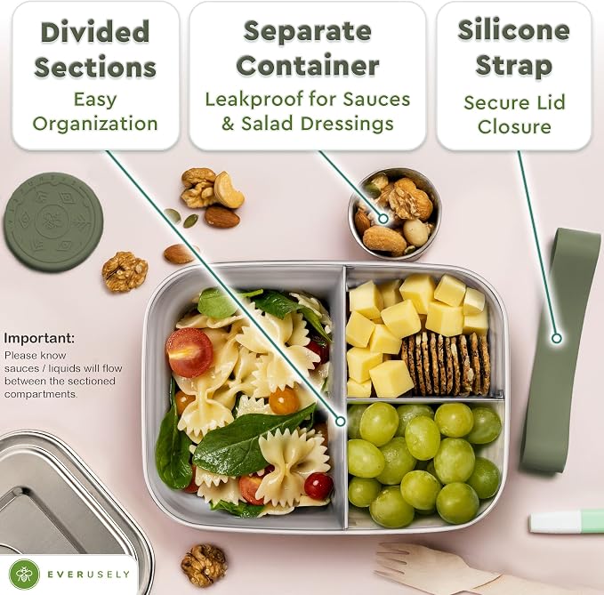 Everusely - Bento Box - Sage, 47oz / 1.4 L - Stainless Steel Lunch Box - 3