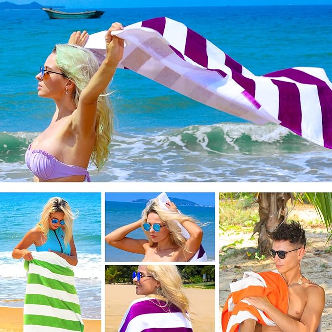 Exclusivo Mezcla 2 Pack Cotton Oversized 35x70 Inches Cabana Stripe Beach Towels, Super Absorbent Soft Plush Pool Bath Towel (Purple)