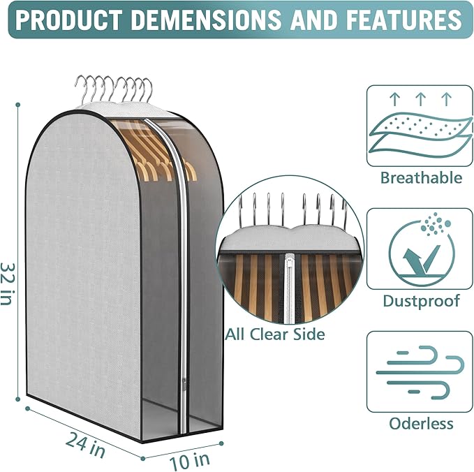 10" Gusseted Garment Bags for Hanging Clothes 32" Suit Bags for Open Closet