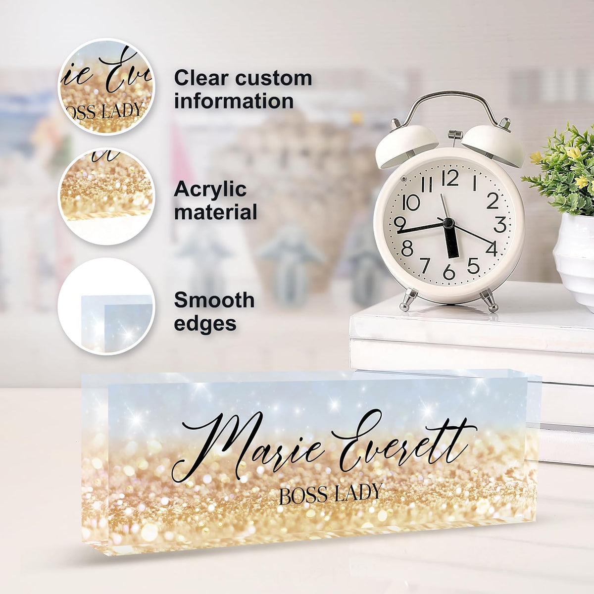 Custom Name Plate for Desk | Personalized Desk Name Plate | Personalized Boss Employee Appreciation Gifts | Acrylic Name Plate Office Desk Accessories (A-Blue Gold Crystal)